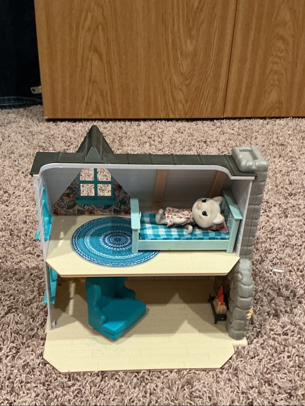 Little cat with a dress on inside her house